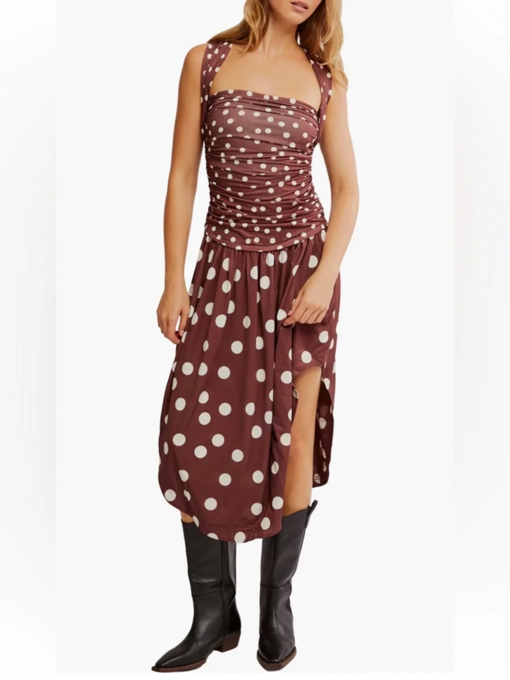 Free People brown Raylon variegated polka dot midi dress